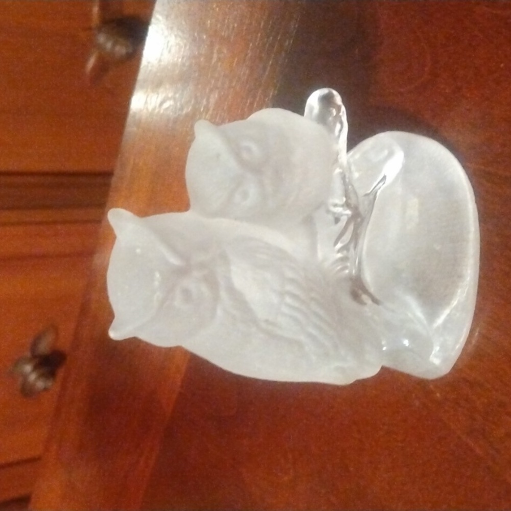 Frosted and Clear Crystal Glass Owl Figurine France Two Owls on Branch.  In Exce